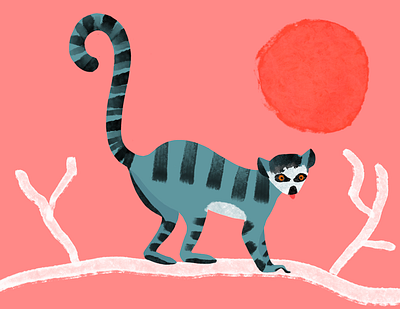 Blue lemur illustration animal art animals hand drawn illustration lemur monkey nature pink storybook stripes trees