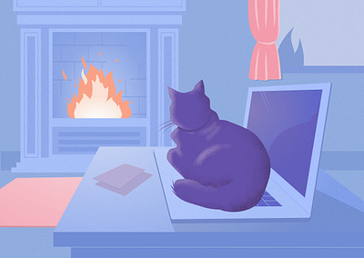 Cat Code cat cosy drawing fireplace greetings card illustration laptop pussy pussycat warm