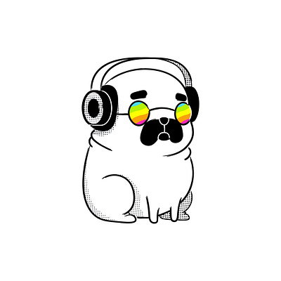 Pug psychonaut animal cartoon dog headphones lineart psychedelic pug shades