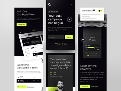 Campaign Manager Dashboard Landing Page Responsive clean component dark dashboard design landing landingpage manager mobile mobile web responsive testimonial ui uiux ux website