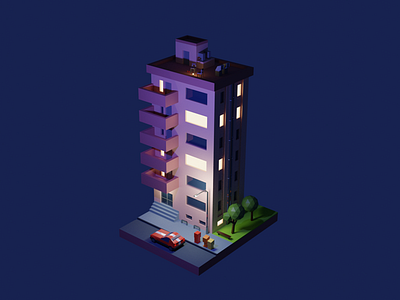 Low Poly Building 3d 3d house blender blender 3d building house illustration issometric lightning low poly low poly art low poly house night sky street scene