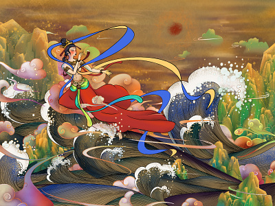 Over the ocean colors girl illustration ocean