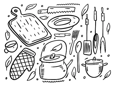 Kitchen Set black cartoon cute design doodle element icon illustration ink kitchen lettering logo object outline sketch vector