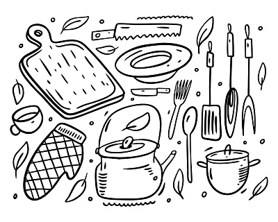 Kitchen Set black cartoon cute design doodle element icon illustration ink kitchen lettering logo object outline sketch vector