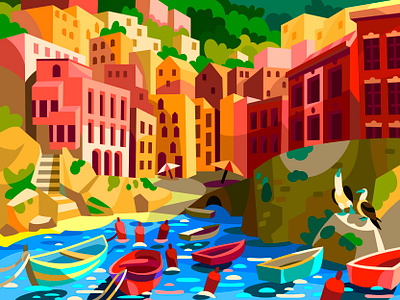 Color City art boats cartoon design digital illustration landscape sea town travel vector