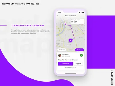 365 DAYS UI CHALLENGE - DAY 020 / 365 - Location Tracker / Order 365daysuichallenge app app design dailyui design location app location tracker locations map mobile app order map purple ui ux