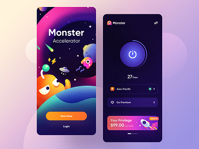 Accelerator app accelerator app blue dark homepage icon illustration line login monster orange purple rocket sign speed start ui vpn