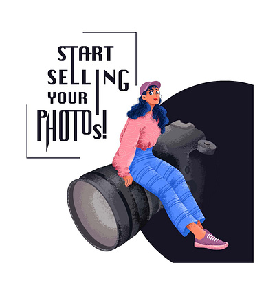 Woman Sitting on the Camera camera character characterdesign design flat girl illustration photo selling sitting woman