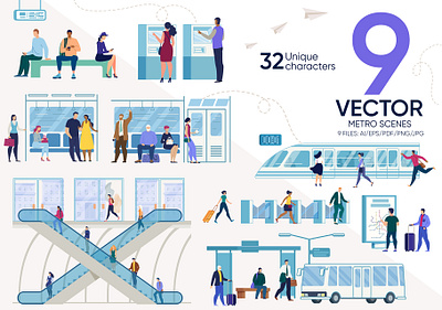 Metro Vector Scenes card cartoon city illustration inside interior man metro people phone place railway station subway ticket train transport underground vector work