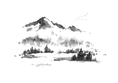 Japanese style sumi-e autumn in mountains ink painting. art bird drawing fine art hand drawn illustration ink landscape mountain oriental painting romantic suibokuga sumi e sumie trees zen