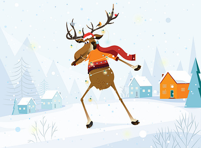 Dabbing Deer 2d animation boy character christmas deer design houses illustration light nature new year plants snow vector