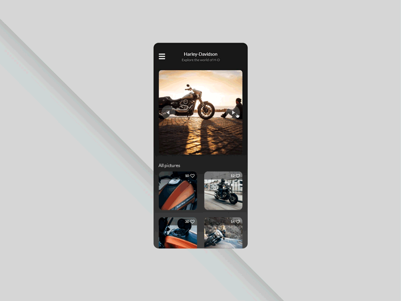 Image Slider 072 adobe xd app button concept daily ui dailyui dark design gallery harley davidson minimalist typography ui unsplash ux web xd