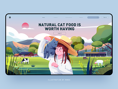 Farm animal husbandry cat cow farm girl hill illustration landscape mountain portrait scenery sheep tree valley