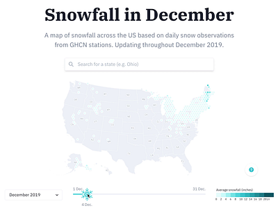 Snowfall in December across the US animation blue cartography d3 data visualization design map mapping maps reactjs snow snowflake svg weather