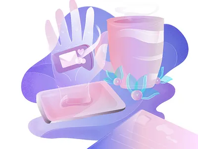 You have a message 📨 abstract abstract art colorful cup design dribbble flat gradient hand illustraion illustration message message app pallette plants purple smartphone tea vector