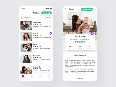 Babysitting App - Minders List View aboutme app appdesign appdesigner application baby babysitting bio job list lists listview mobile newapp parents profile reviews ui user experience ux