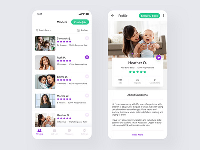 Babysitting App - Minders List View aboutme app appdesign appdesigner application baby babysitting bio job list lists listview mobile newapp parents profile reviews ui user experience ux