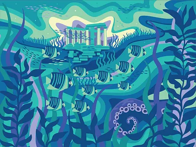 Poseidon's Lair ancient color design digitalart dreamy fish illustration illustration art illustrator octopus poseidon ruins tropical underwater vector water