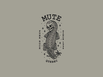 Mute Crocodeal back artwork black branding crocodile design grey icon illustration logo merch design merchandising mute palm tree printing simple design simple shapes skull stars tattoo design tshirt design