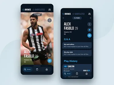 Sports Hub - Player Profile app app deisgn athlete blue blue app dark dark mode dark ui games hire jobs player profile profile recruit resume shortlist sports swipe uidesign uxui