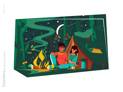 Couple near fire in evening illustration character evening fire flat illustration kit8 man near travelers vector woman