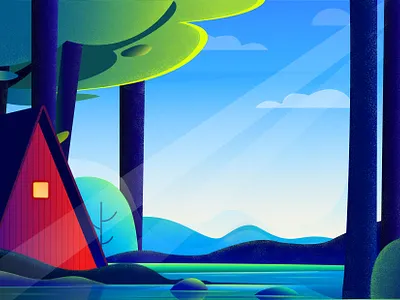 Forest lake house illustration