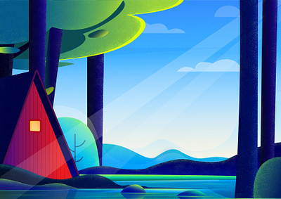 Forest lake house illustration