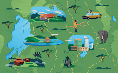 Illustrated map of Rwanda adobe illustrator adobe photoshop akagera national park amsterdam design editorial elephant gorilla holland hotel illustrated map illustration klm lake kivu lake kivu safari