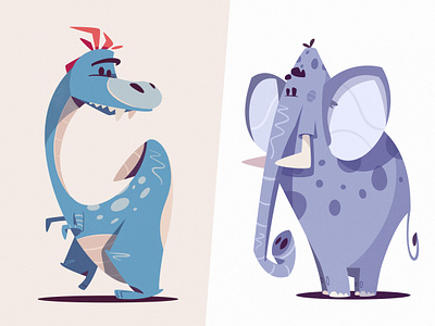 Funky Dinosaur & Shy Elephant animal art cartoon character cute cute art design dino dinosaur elephant flat funny illustration shy vector