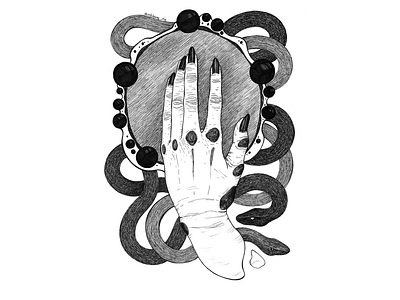 Left hand with mirror black and white drawing hand hand drawing illustration liner mirror nails snake snake art wrinkles