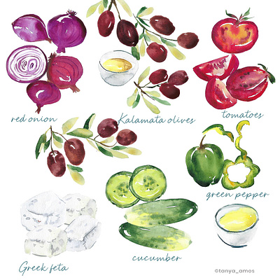 Vegetables, feta cheese watercolour illustration feta food illustration illustration olives pepper