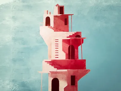 Tower architecture blue building color design faded flat illustration old pastel pink procreate rustic simple stone vibrant vintage yellow