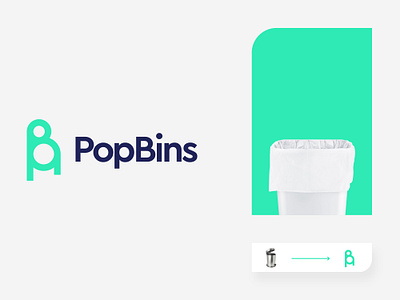 Popbins bin green household logo design branding logo designer mark icon symbol emblem modern minimal flat shape new york pop san francisco trash garbage litter rubbish turquoise ukraine kharkiv usa