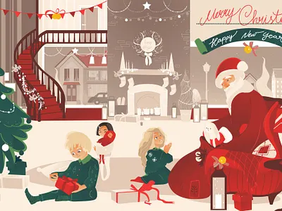 Santa fireplace, kids gifrs. Merry Christmas, Happy New Year 2020 bells car christmas christmas tree doll fireplace gift gift box green happy new year house illustration kid kids art merry xmas red santa claus snow traditional art