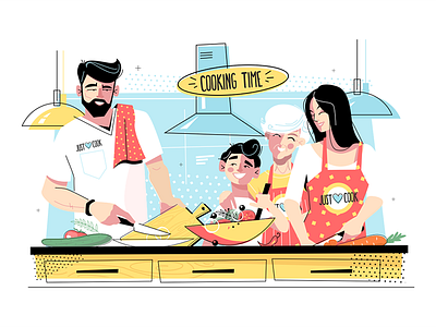 Family cooking food together character cooking family flat food illustration kit8 together vector