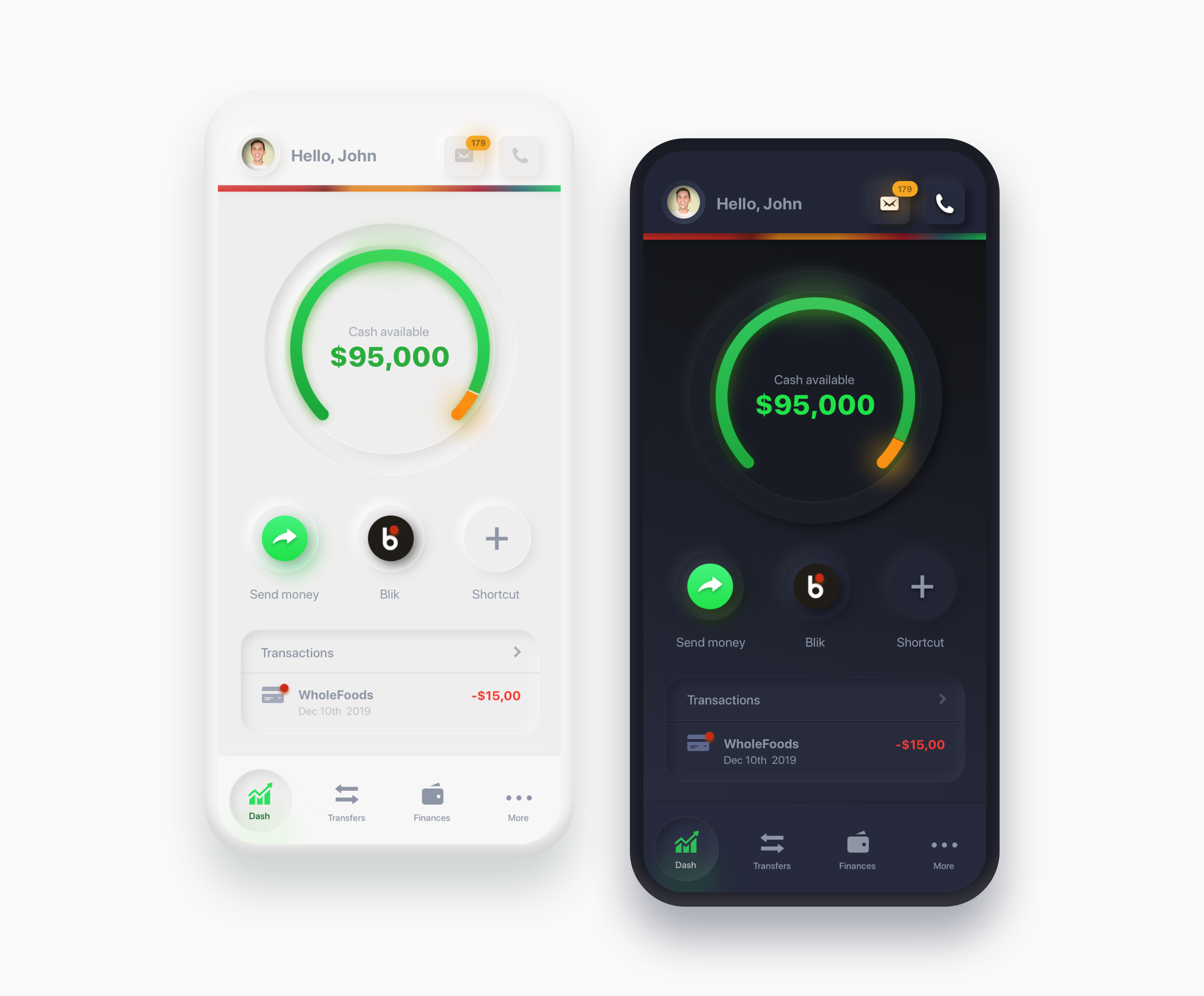 Example of Neumorphic Bank Redesign in Dark and Light mode