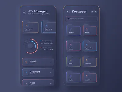 Skeuomorph File Manager App | Dark Mode app design app ui dropbox file file explorer file manager file manager app file upload folder google design google drive ios app design minimal skeuomorph trendy ui design user experience