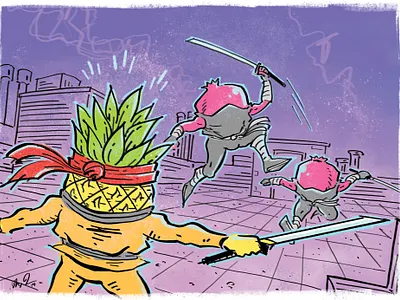 Poised Pineapple VS. Pomegranate Ninjas! cartoons comic art comics food art fruit goofy froot ninja pineapple pineapples pomegranate pomegranates procreate