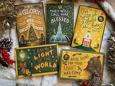 Baylor University Christmas Cards bible bible lettering campus christmas christmas card christmas tree college holly illustration lamppost lettering monoline snowflake