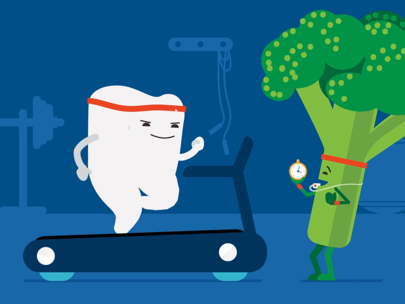 Healthy eating and exercise habits broccoli dentist eating exercise gym health jogging oral health run running sweat tooth trainer treadmill vegetable weights workout