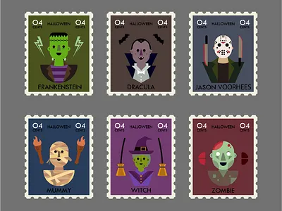 Halloween Stamps flat flat design frankenstein halloween illustration stamp vampire vector vector design witch zombie