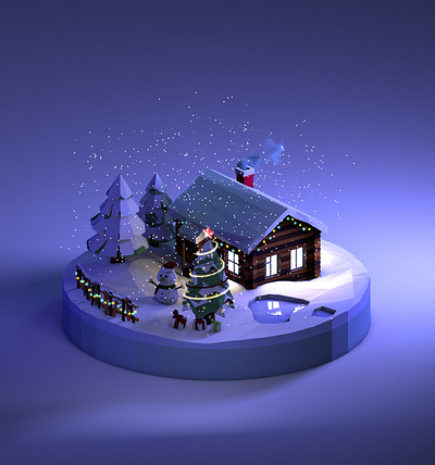Christmas house Low Poly (Night version) 2020 3d 3dillustration christmas christmas tree cinema4d diorama house illustration isometric isometric art isometric illustration lowpoly lowpolyart newyear night renders snowman spruce winter