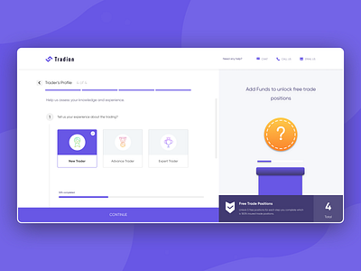 Assessment of user's experience in trading assessment assets clean design expeience interface knowledge kyc motion profile scroller selection trade trading type ui unlock ux web website