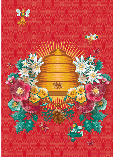 Christmas Beehive for the Galeries Lafayette Christmas 2019 2019 beehive bees christmas floral florals flowers frost icon illustration qcassetti snow