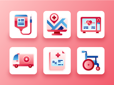 Hospital Icons 2 2d ambulance blood doctor flat health hospital icon set icons illustration medic medical app medical care medication medicine red ui ui design ux wheelchair