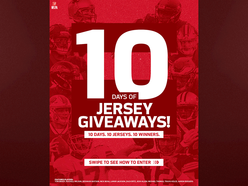 NFLShop 10 Days of Jersey Giveaways aaron rodgers countdown deshaun watson fanatics football giveaway instagram josh allen lamar jackson michael thomas nfl nfl100 nflpa nflshop nick bosa russell wilson tom brady travis kelce zach ertz