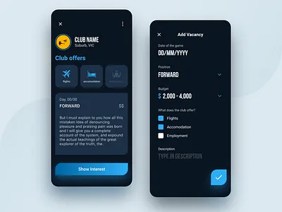 Sports Hub - Recruitment app app design athlete blue blue app dark dark mode dark ui filter form games hire jobs poster recruit search sports ui design uiux vacancy