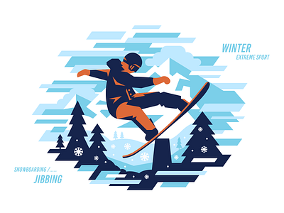 Snowboarding jibbing illustration action active design extreme flat ice jibbing mountain outdoor person snow snowboard snowboarder snowboarding snowflakes sport winter