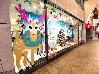 Xmas window for Meitetsu department store animal illustration christmas colorful cute environmental graphics flat color flat style illustration japanese culture leena kisonen scandinavian vinyl sticker window display