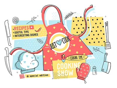 Cooking show and cook time poster apron cooking flat hat illustration kit8 kitchen poster show vector